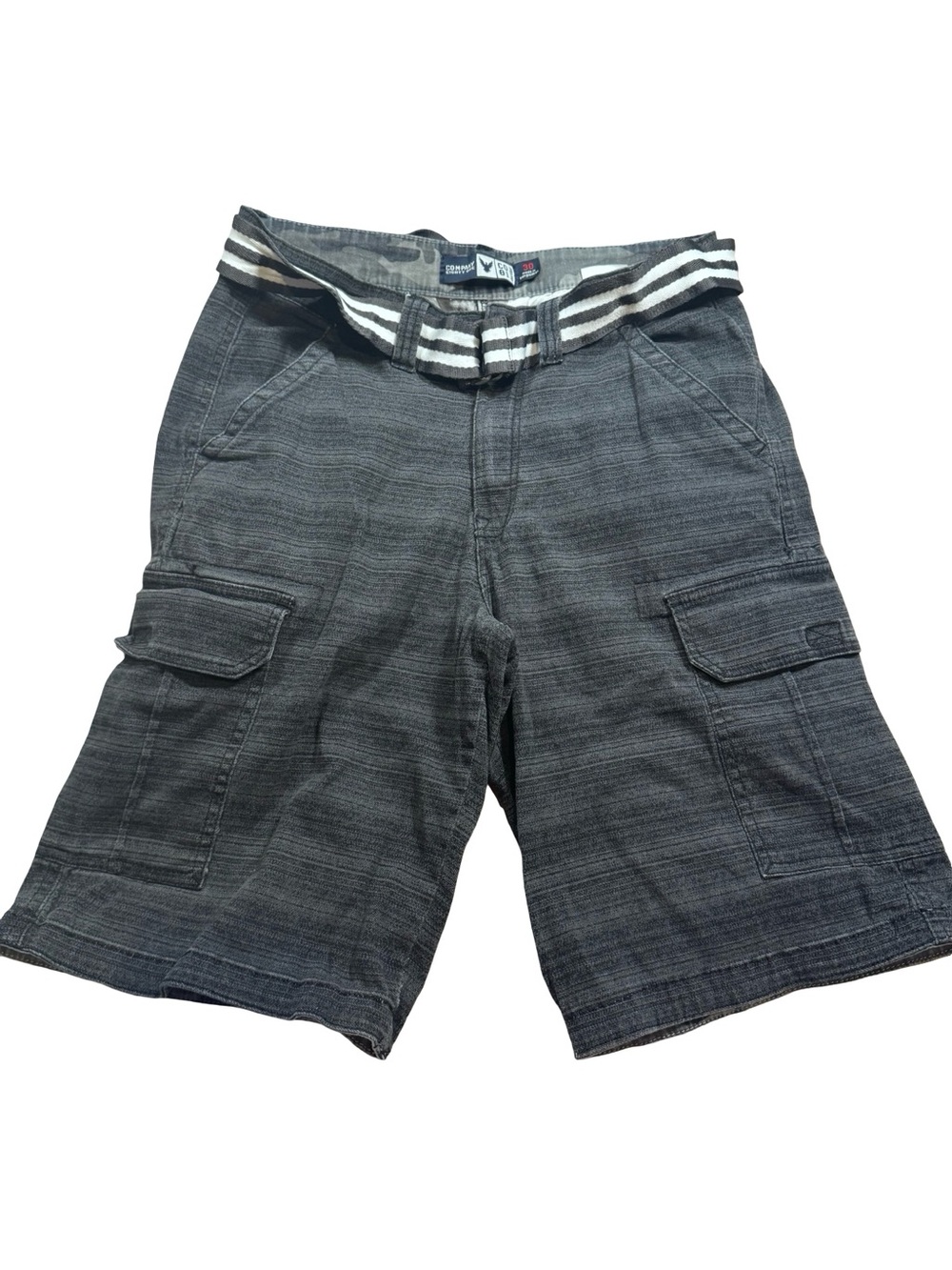Men's Gray Cargo Shorts with Striped Belt - Casual Utility Style
